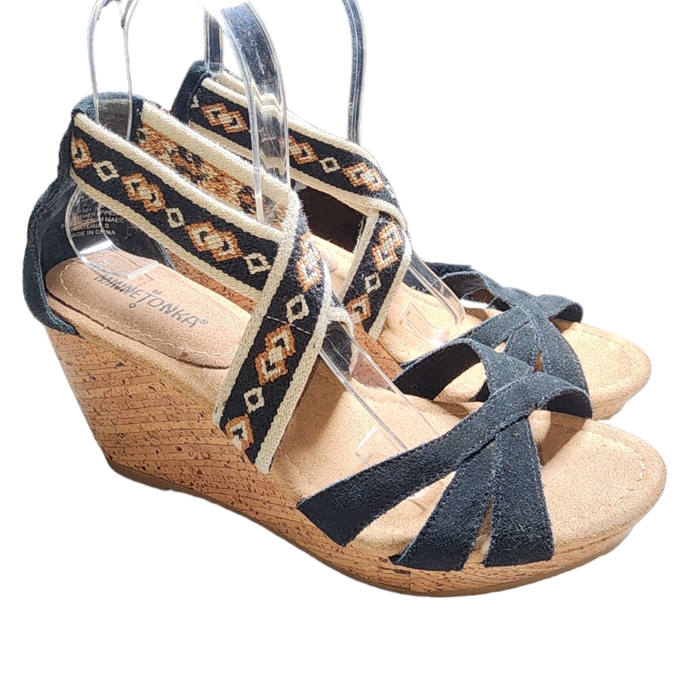 Minnetonka Drew Black Leather Cork Wedge Heeled Platform Sandals Size 8